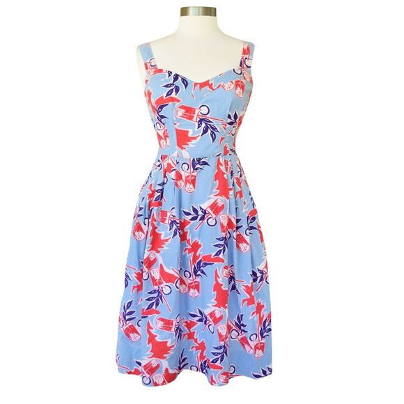 Modcloth Emily and Fin Valerie Retro Midi A-line Dress Blue Cocktail Print - Picture 2 of 8